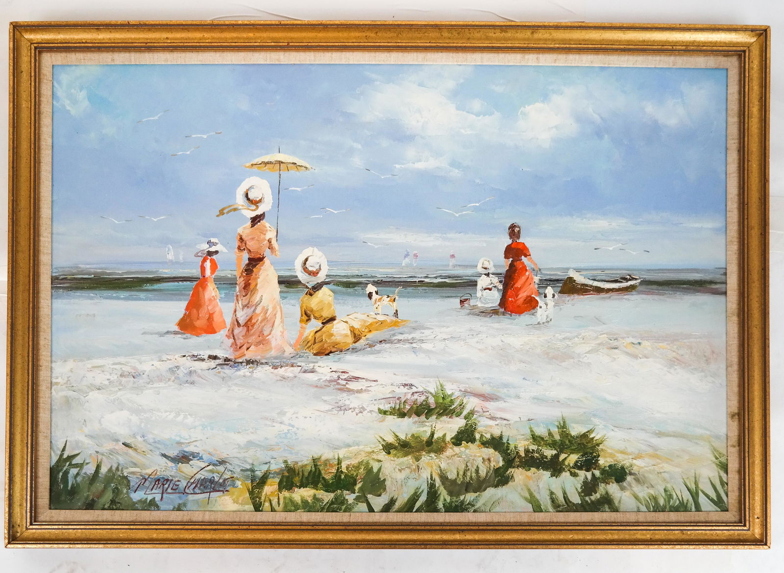 Marie CHARLOT: Figures on a Beach - Painting: Painting of figures on a beach by Marie Charlot, signed lower left. [Art: 24 x 35 inches; Frame: 27 1/2 x 39 1/2 inches].