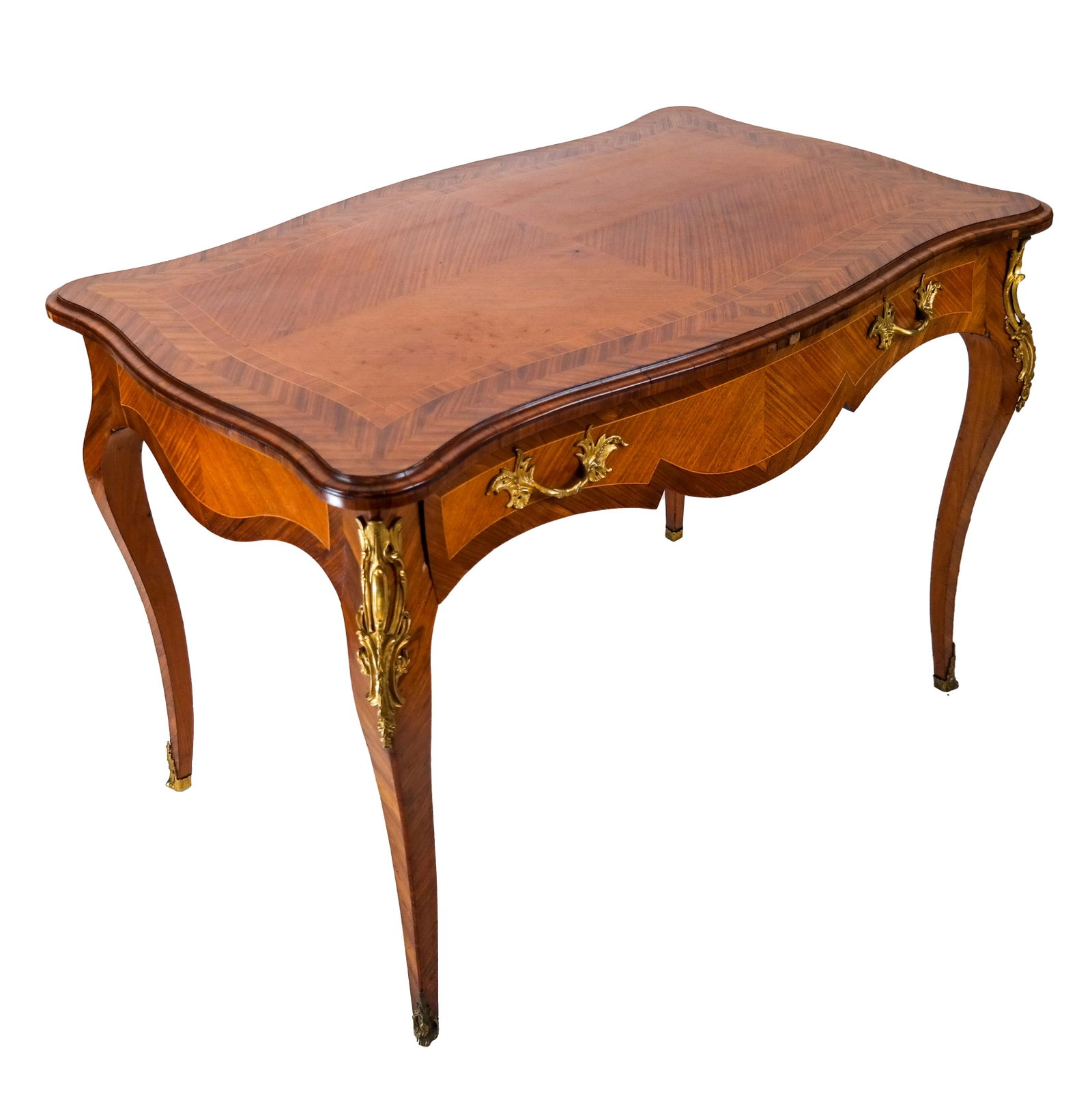 French-Style Inlaid Desk: Serpentine-form, single-drawer desk, ormolu mounted. [30 x 43 1/2 x 27 1/2 inches; 22 inches to apron].