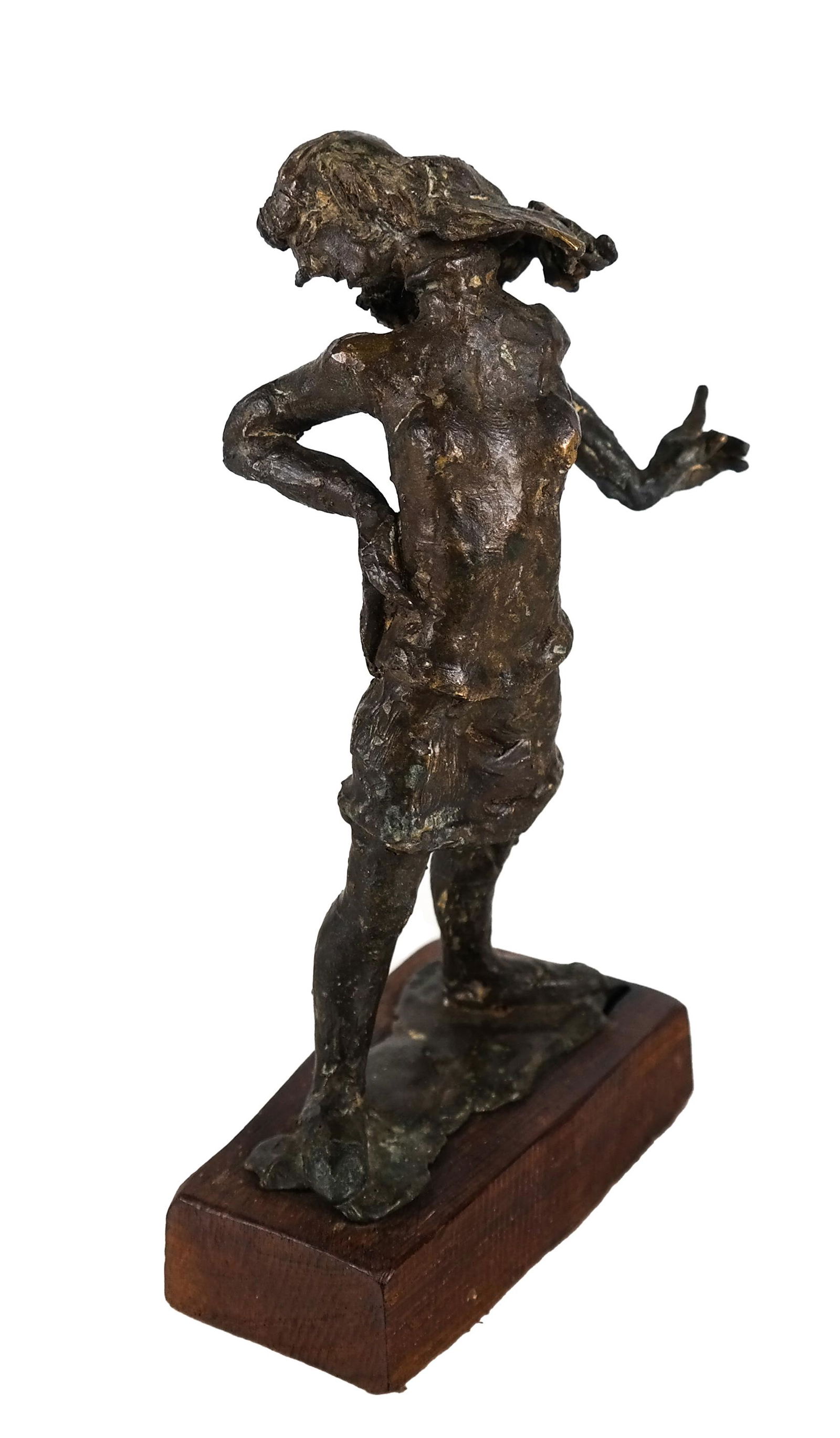 After Reginald Marsh: Girl with Hand on Hip: Bronze Brutalist-style sculpture, bearing paper label with date of 7/18/04. [Overall: 7 x 4 x 2 1/4 inches].