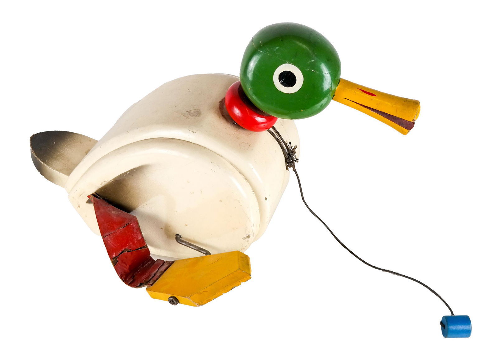Painted Wooden Duck Pull/Riding Toy: Bobbing wooden duck pull/riding toy. [13 1/2 x 22 1/2 x 14 1/4 inches]. Leather straps brittle.