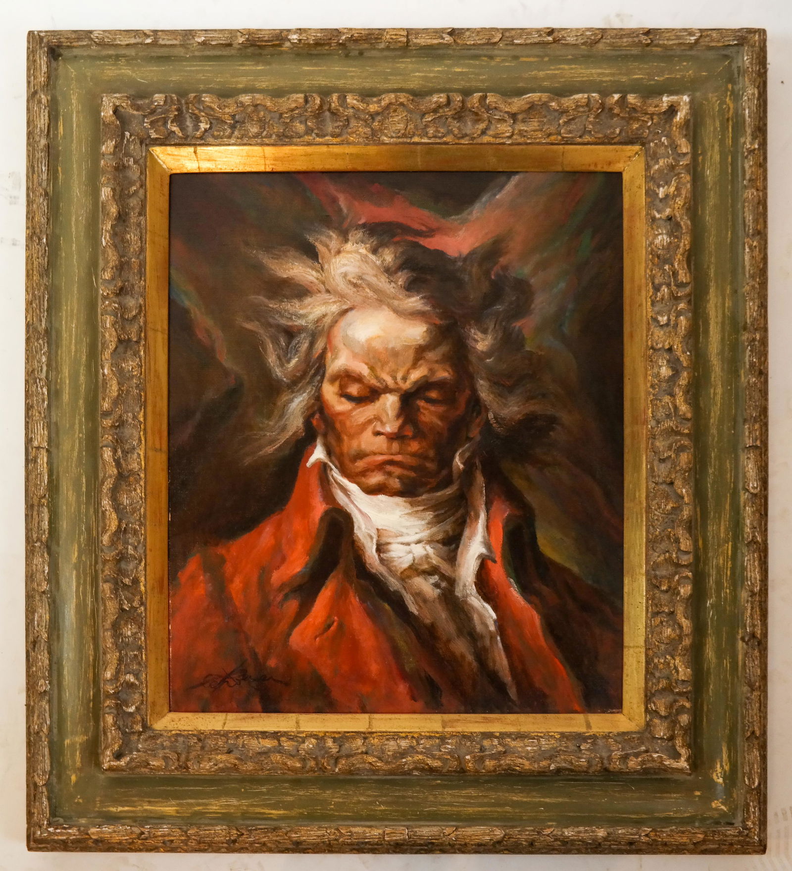 Gustav REHBERGER: "Beethoven" - Painting: Gustav Rehberger (Austrian, 1910-1995) "Beethoven", oil on canvas, in carved wood frame. Artist and title on verso. [Art: 24 x 20 inches; Frame: 36 x 32 inches].