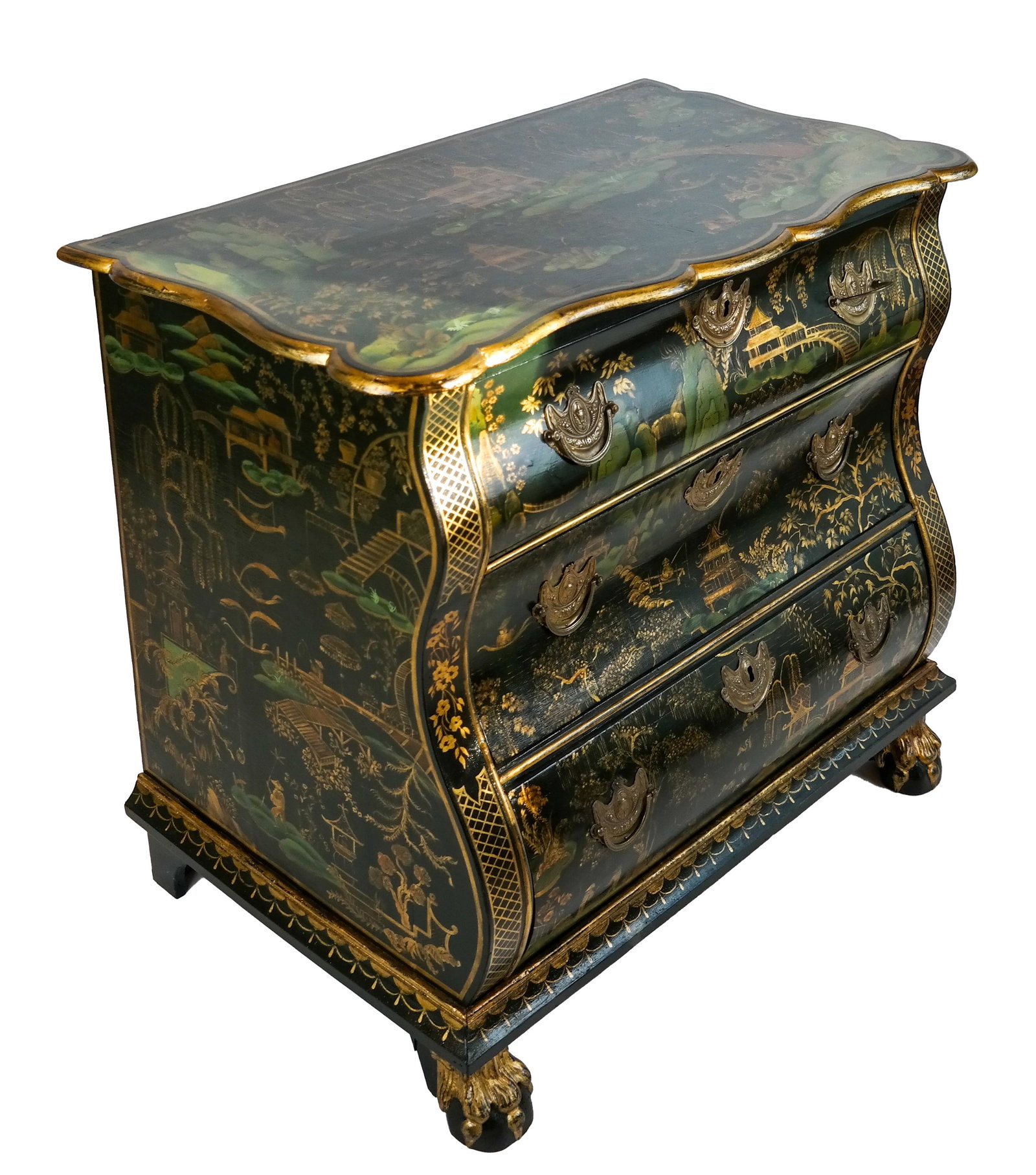 Chinoiserie Gilt & Painted Kettle-Base Chest: Chinoiserie-decorated gilt and painted kettle base chest with silver drawer pulls and escutcheons. [34 x 38 1/2 x 21 inches]. In good condition.