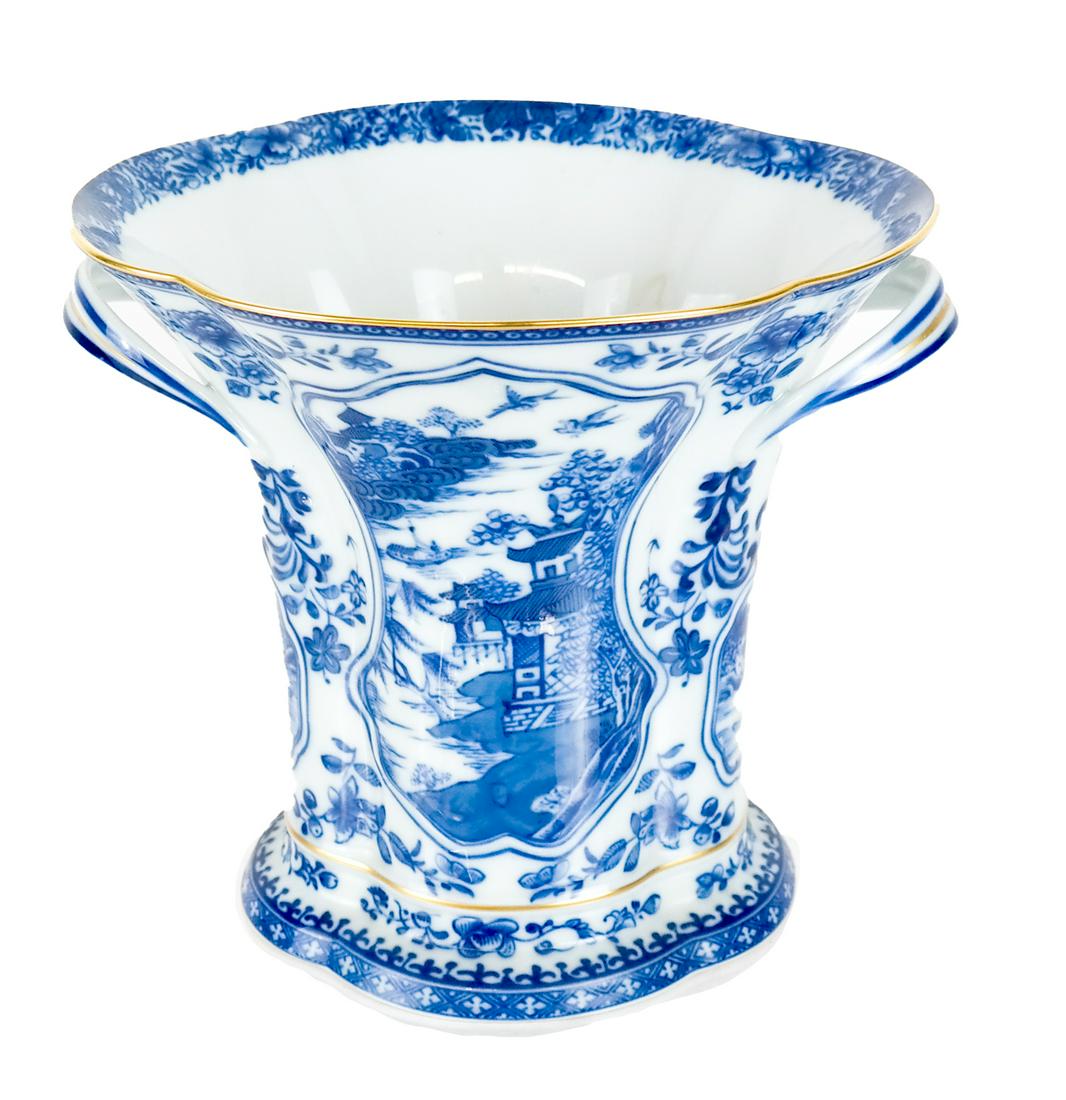 Mottahedeh Blue & White Chinese-Style Vase: Mottahedeh blue and white vase. [7 x 7 3/4 x 6 3/4 inches].