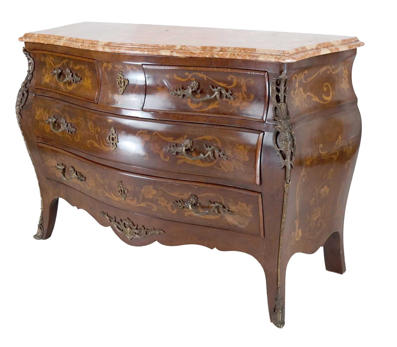 Louis XV-Style Floral Bombe Commode: Floral decorated, rouge marble top commode.