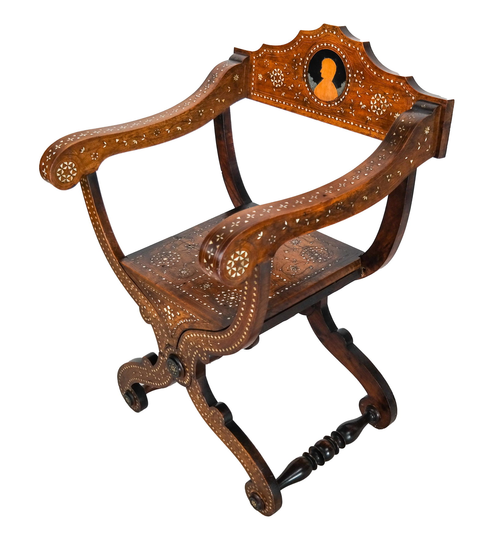 Moroccan or Syrian Savonarola Chair: Fine, intricately inlaid chair, most likely Syrian. [37 1/2 x 25 1/2 x 23 1/2 inches; 18 1/2 inches to seat].