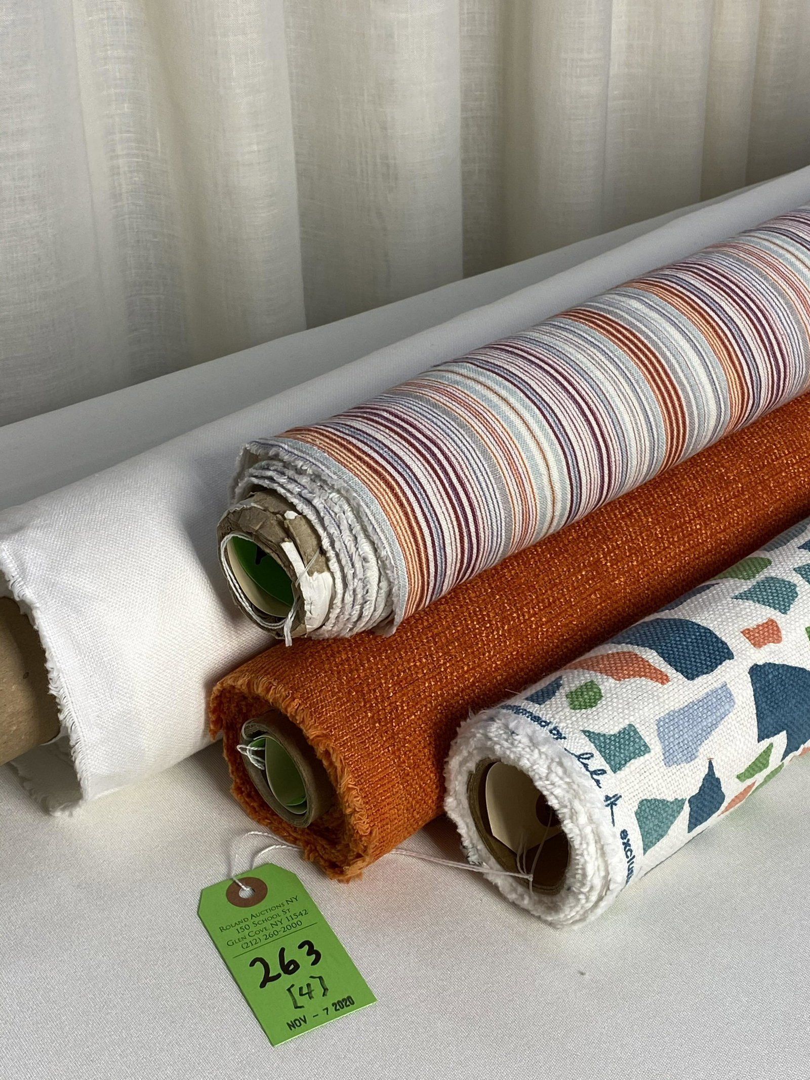 Two Prints, Romo Texture and Lee Jofa Fabrics: 1) 2 3/4 yards of a printed cotton for H.C., designed by Lala of DK, "Monogram", 54 inches wide. Design repeats of 18 inches vertical with a 13 1/2-inch half drop. 2) 3 1/2 yards of a printed linen pi