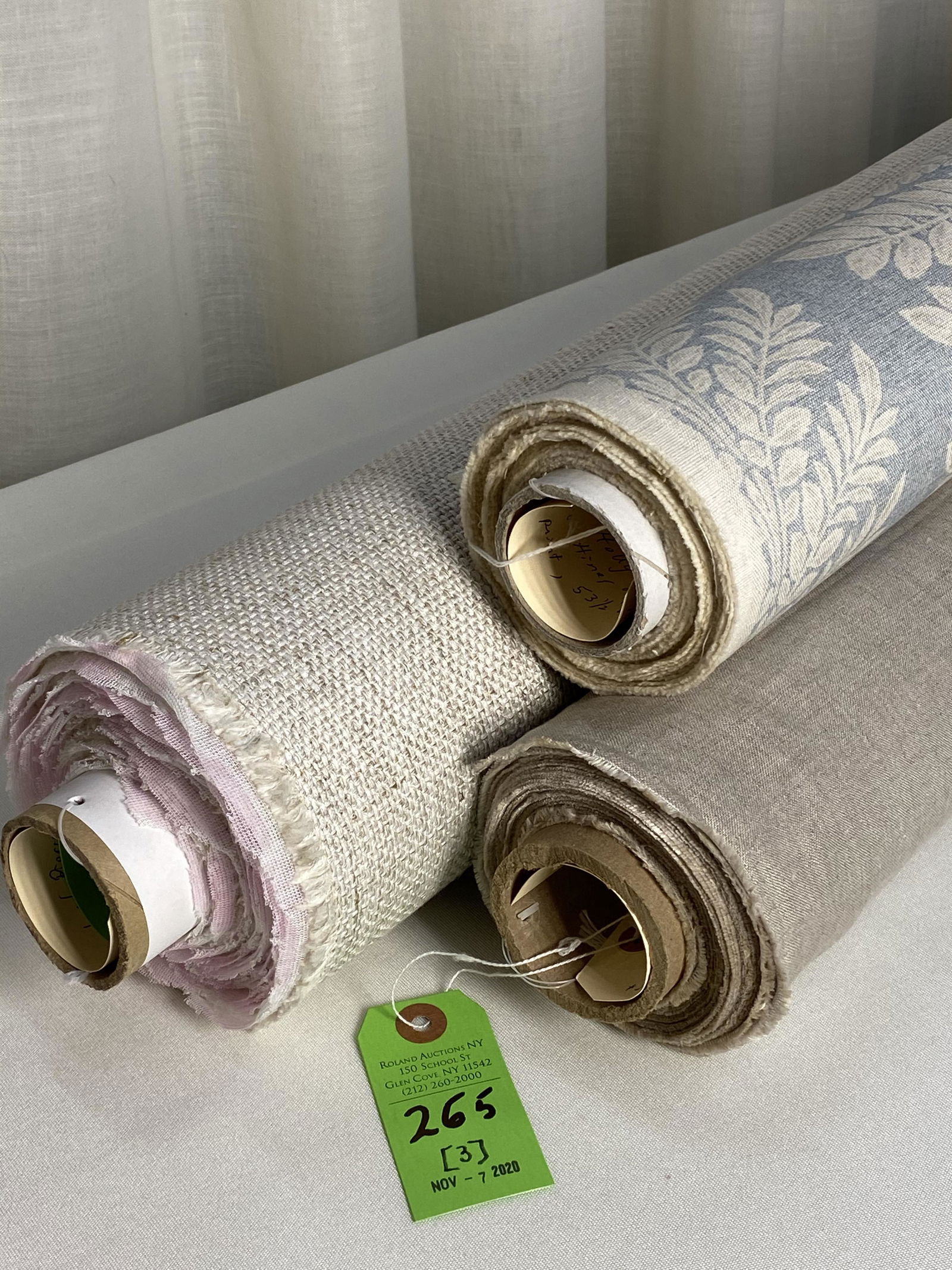 Hines & Co, Belgium Linen and Pierre Frey Fabrics: 1) 11 yards of Hines & Co's "Holly", a 3-color printed linen in beige, light grey and medium blue, 53 1/2 inches wide. 15-inch vertical repeat by 18 inches horizontal repeat. 2) 18 yards of Belgium li