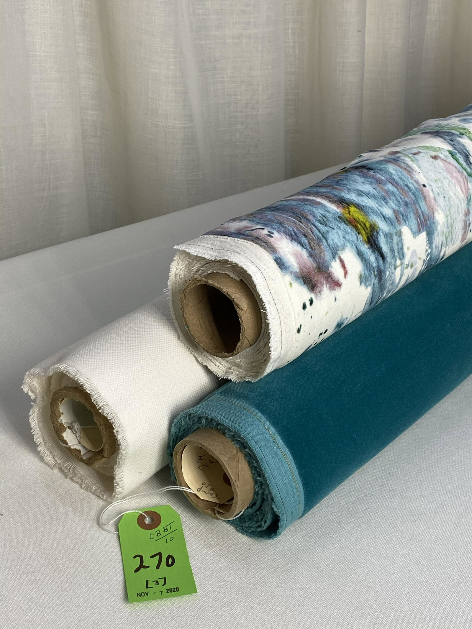 Holly Hunt, Kravet and Euro Fabrics: 1) 3 1/2 yards of Holly Hunt's "Watercolored", #2250/01 in color "Pop of Turq", a printed cotton velvet, 55 inches wide. The modern abstract has a 34-inch vertical repeat with a half drop across the f