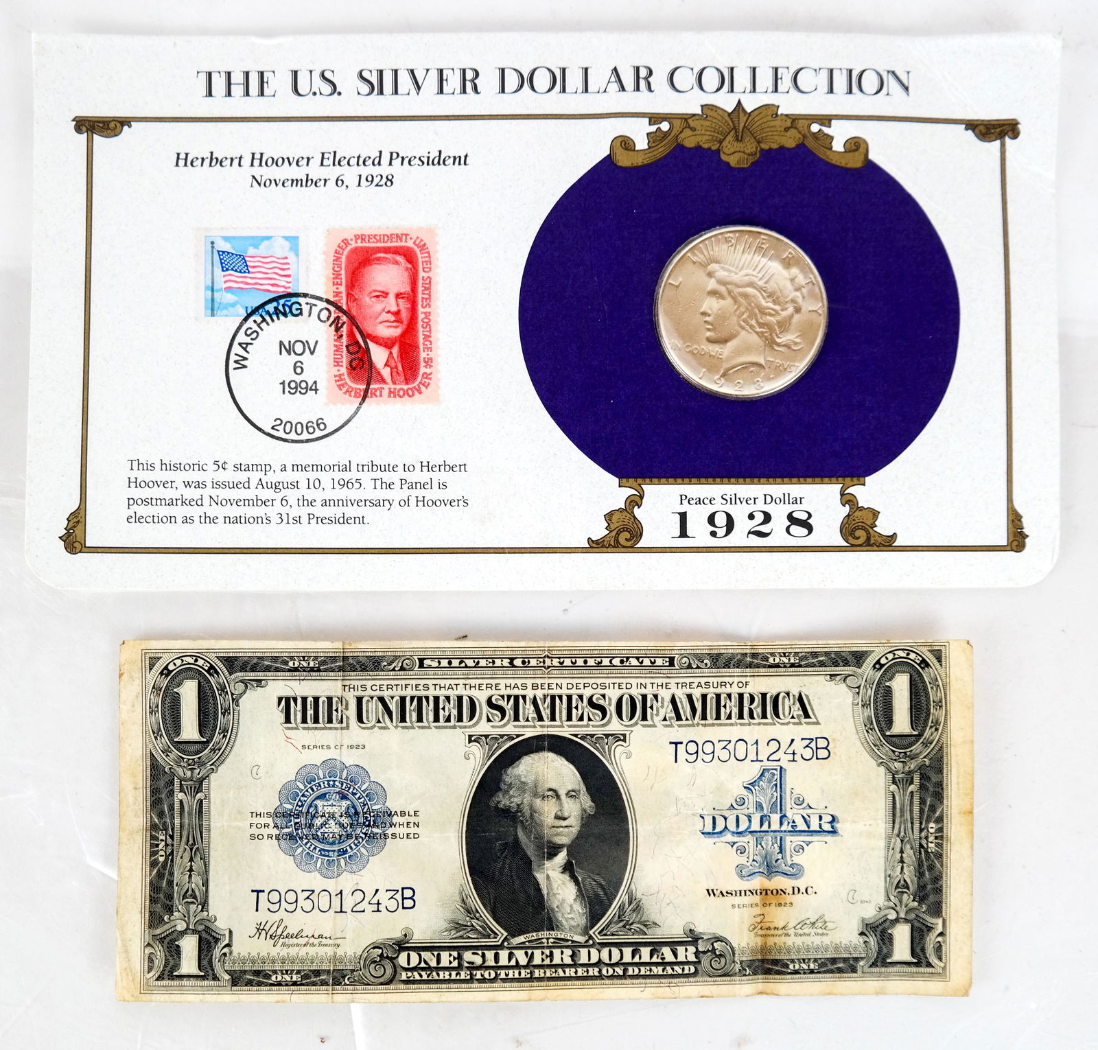 1923 Silver Certificate Dollar, 1928 Peace Dollar: A Silver Certificate dollar, series of 1923 - T99301243B, together with a 1928 Silver Peace Dollar coin. Silver Certificate very worn; folded.