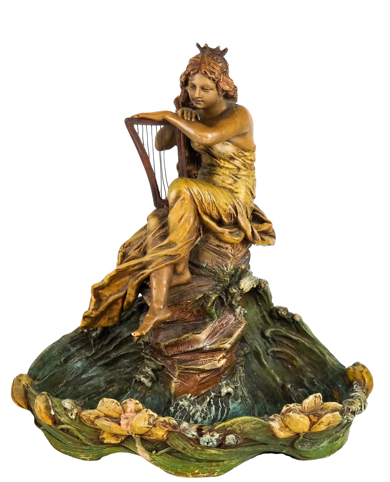 Art Nouveau-Style Figural Centerpiece: Art Nouveau pottery shell with a classical woman holding a harp. [14 1/2 x 13 x 8 inches]. In overall good condition.