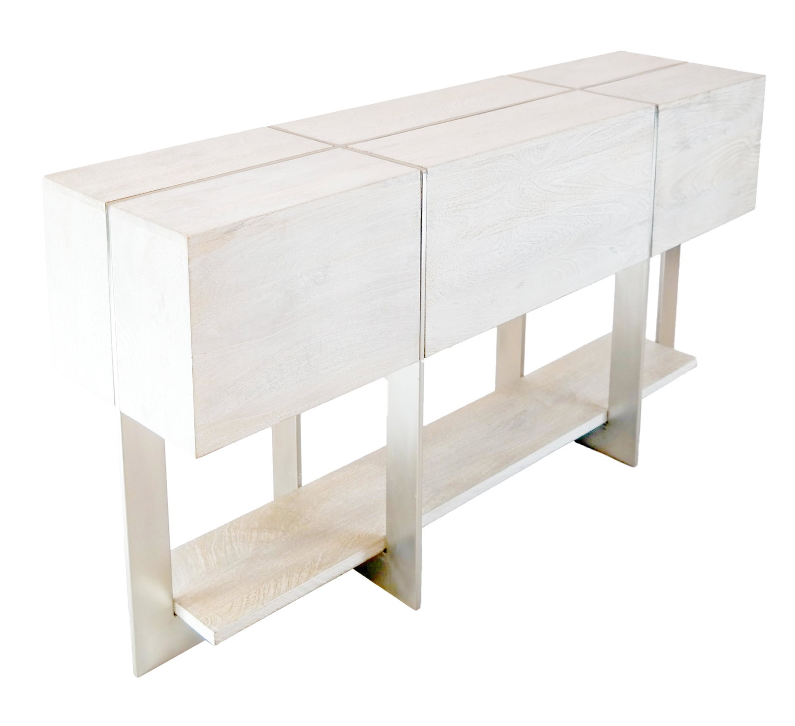 Contemporary Wood & Steel Console: Contemporary cerused oak and steel console. [30 1/2 x 60 x 15 inches]. In good condition.