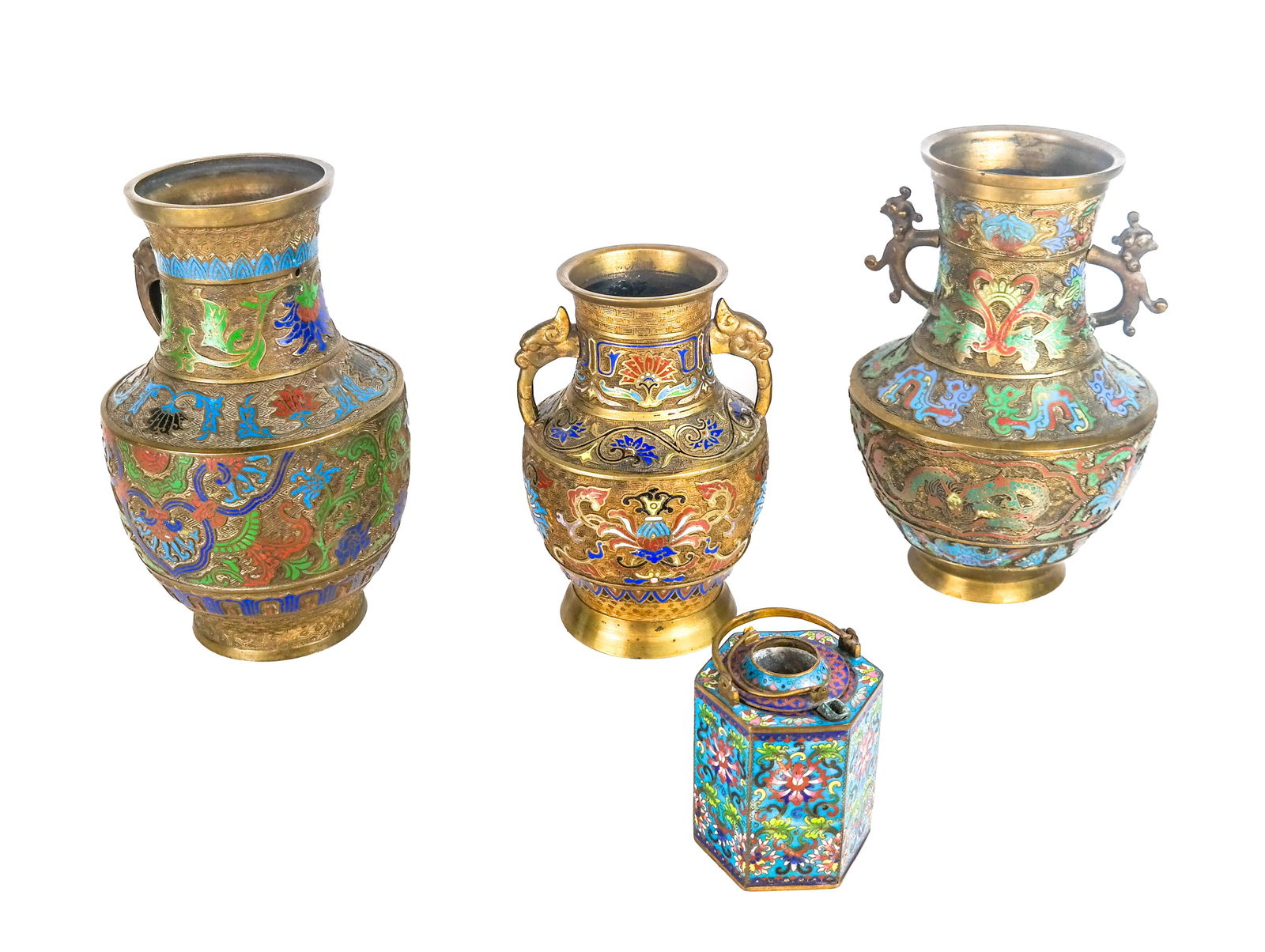 Four Etched Brass & Enamel Vessels (1 of 7)