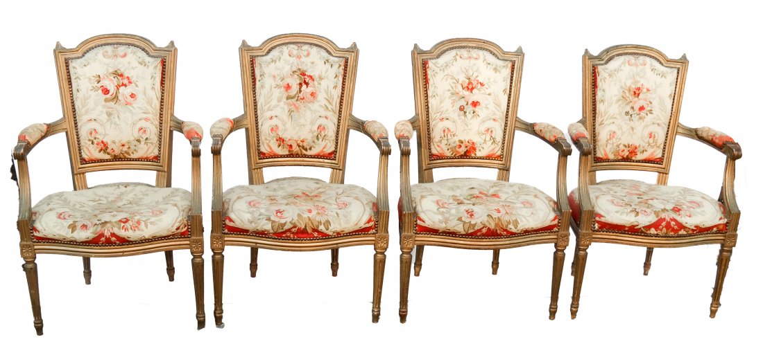 Set Four Antique French Tapestry Arm Chairs (1 of 6)