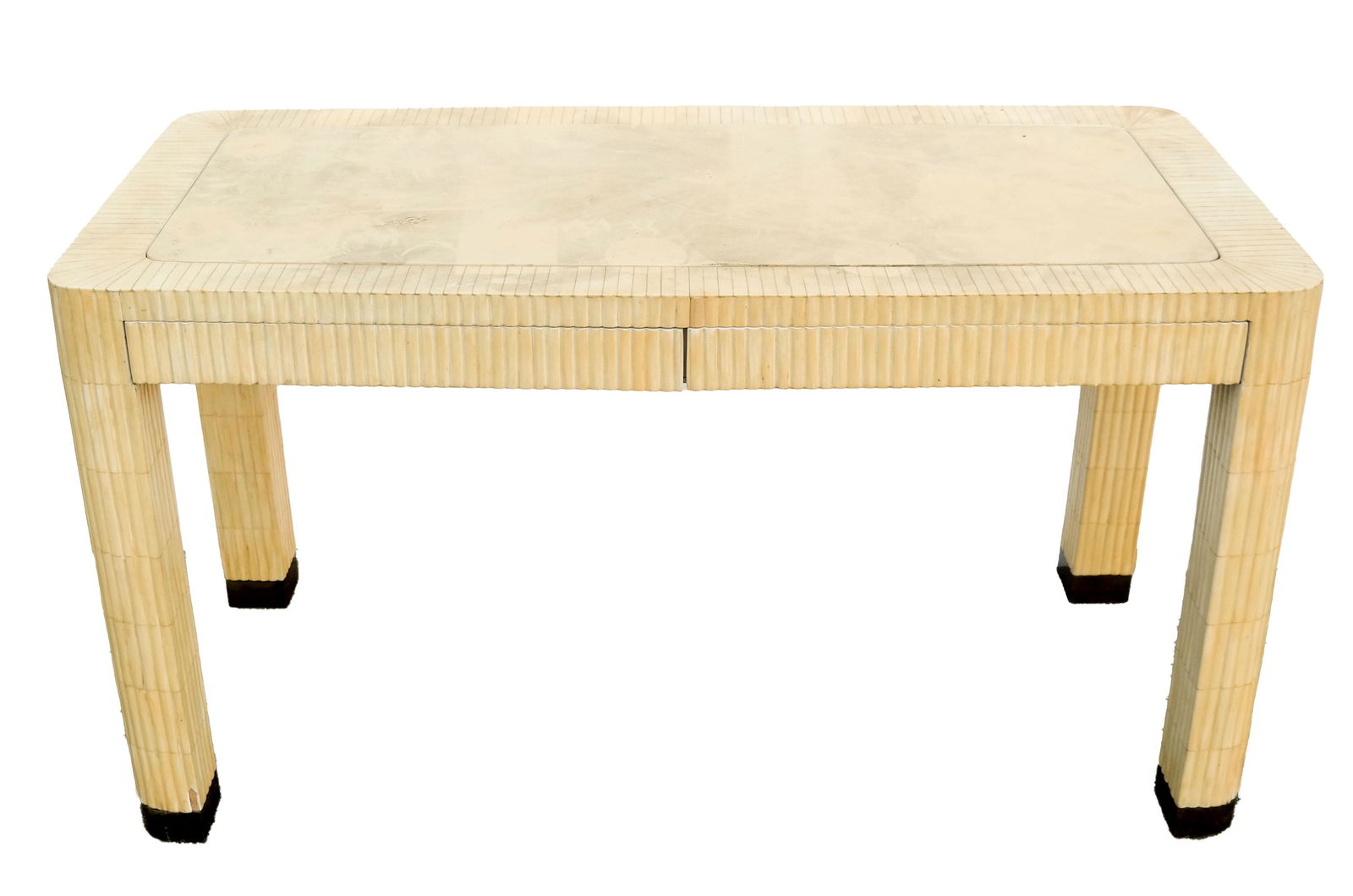 Attrib. Karl Springer Backgammon Table: Faux bone veneered backgammon table, attributed to Karl Springer, late 1960s. Branded Enrique Garcia "Hand Made in Colombia". Provenance: Malmaison - Roger Prigent Enterprises. [30" H x 54" W x 24" D]