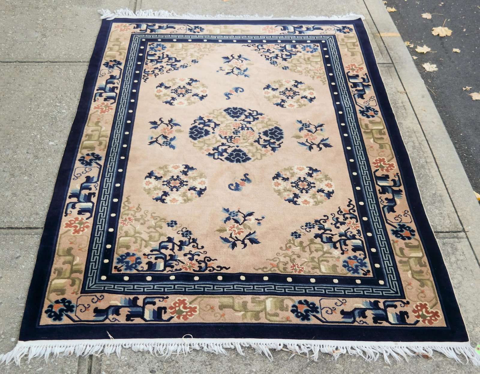 Chinese Nichols Blue & Cream Rug: Chinese blue and cream Nichols rug. [110 1/2" x 73"]. In good condition.