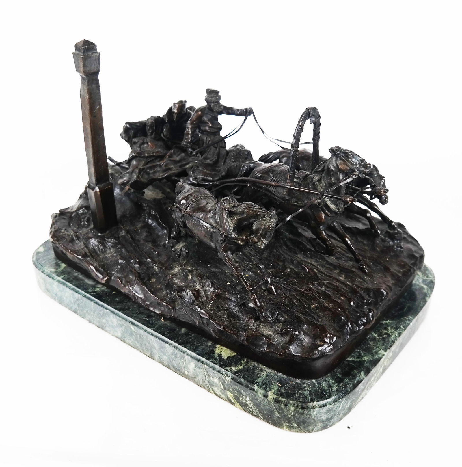 V.Y. GRACHEV: "The Milepost" - Bronze Group: Vasily Yakovlevich Grachev (Russian, 1831-1905) "The Milepost" patinated bronze sculptural group depicting a troika drawn by a team of 3 horses, with a driver and a man and woman seated in the back of