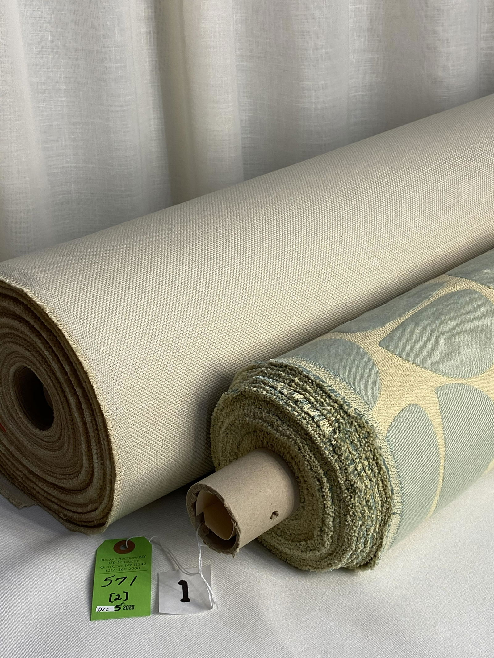 Pierre Frey and Delany & Long Fabrics: 1) 9 1/2 yards of Pierre Frey's "Noix", a cotton blended "double cloth", in a 50" width. The reversible all-purpose weight, in aqua and straw, has design repeats of 10" vertical repeat by 12 1/4" hori