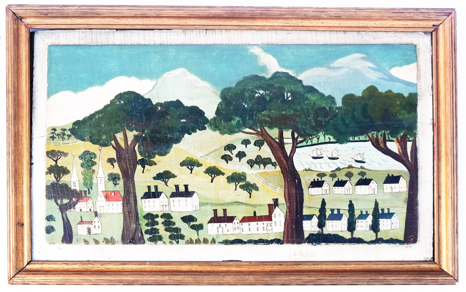 American School New England Village - Painting: American School, 19th century, oil on masonite painting of an New England Village. [Image: 16" H x 23 1/2" W; Frame: 23" H x 37" W].
