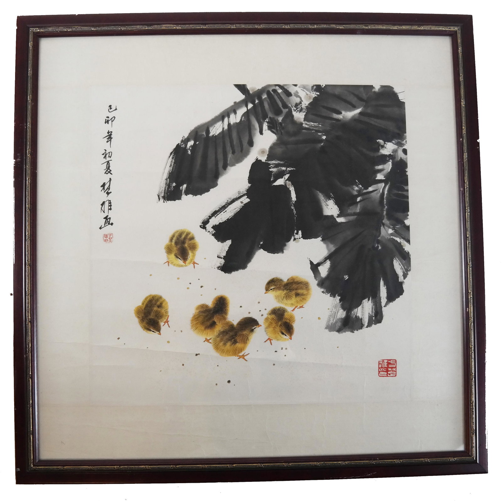Chinese Abstract Birds - Painting: Chinese painting of abstract birds. [Art: 21" H x 19" W; Frame: 28" H x 28 1/2" W]. Creases.