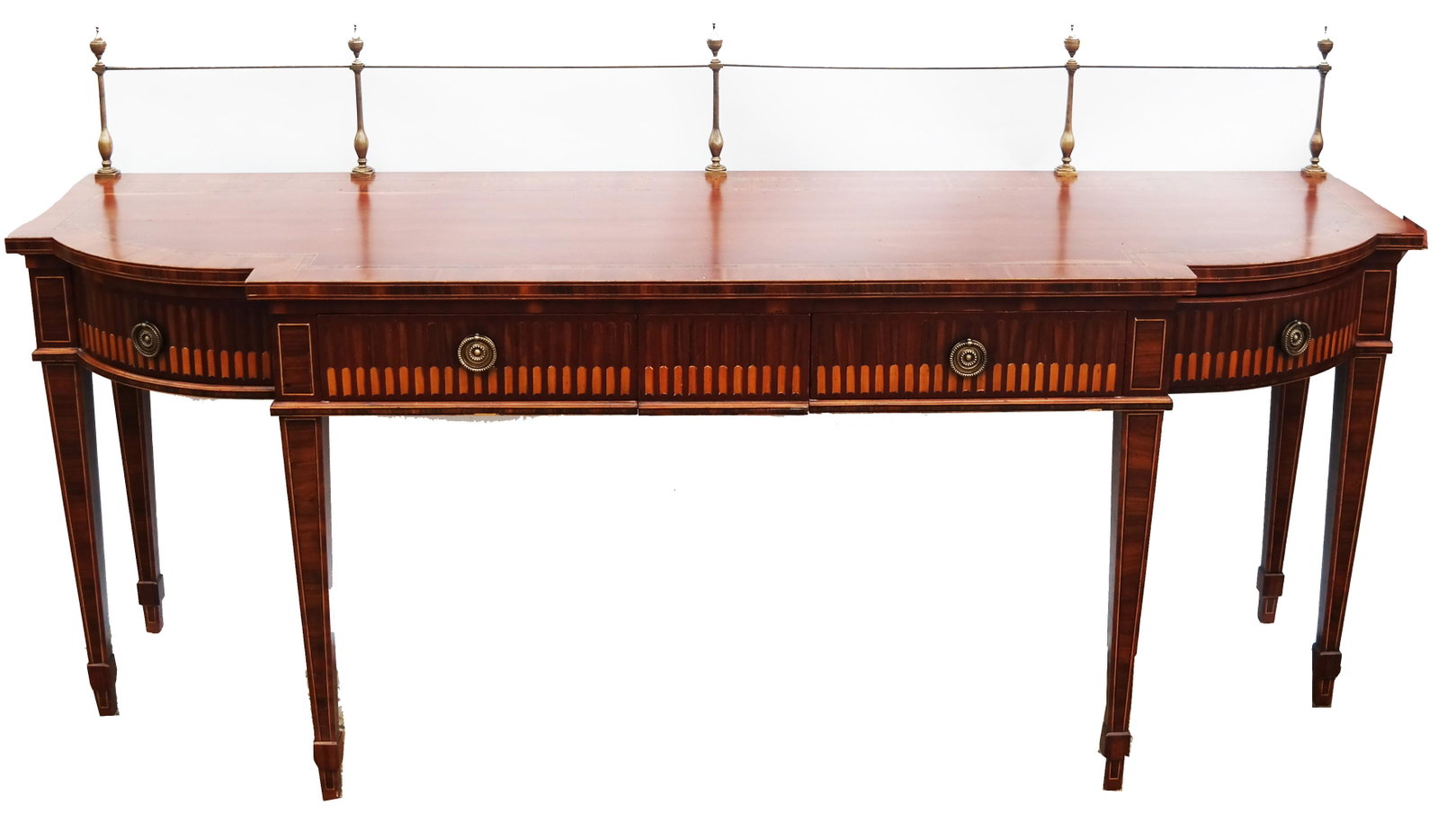 George III-Style Inlaid Server with Brass Gallery: George III-style, three-drawer, inlaid server with brass gallery. [47" H x 91" W x 27 1/2" D].