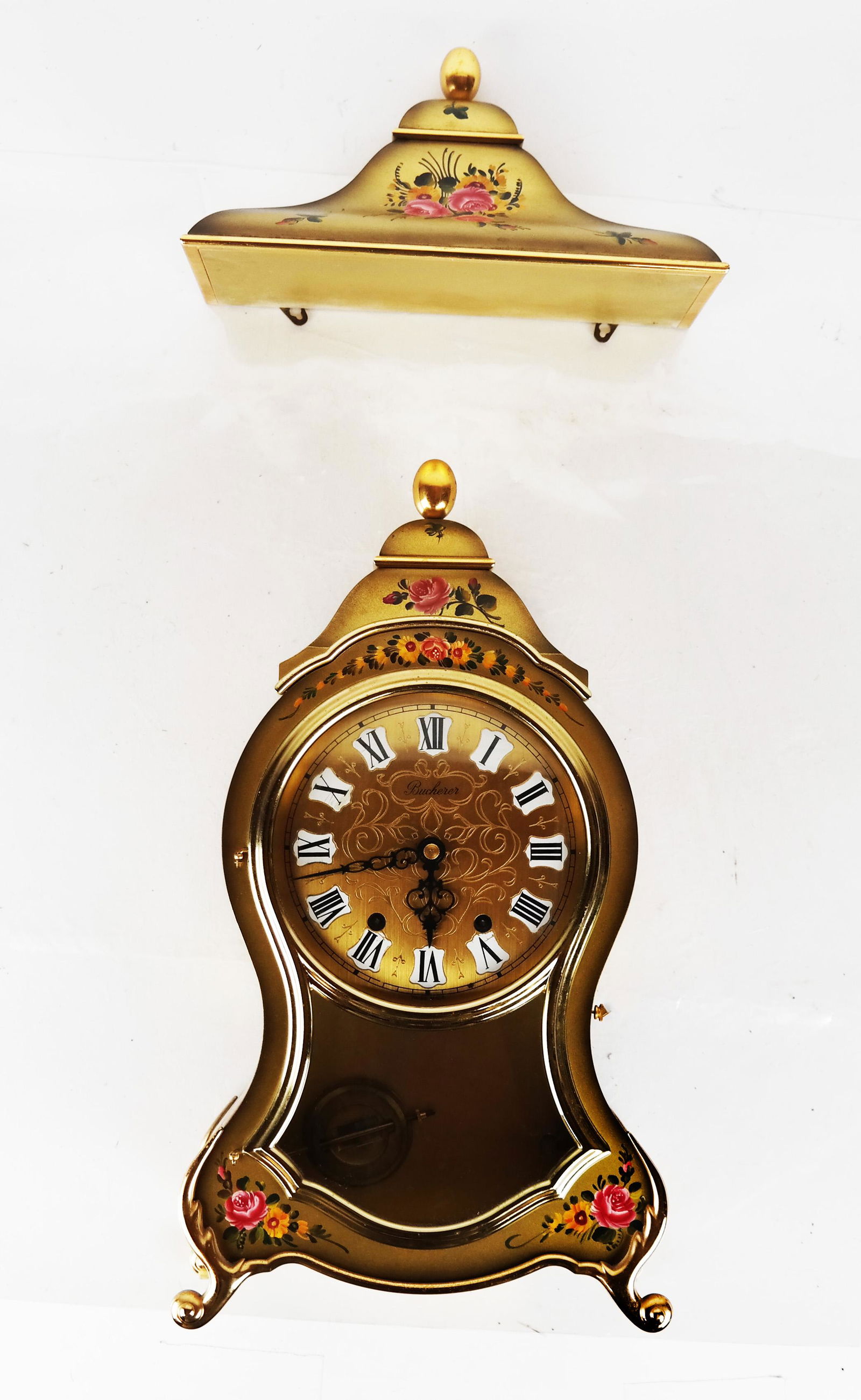 Bucherer Mantel Clock and Bracket: Floral decorated Bucherer mantel clock and bracket.