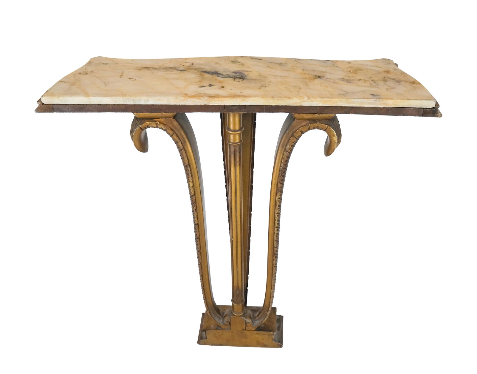 Jansen Wood & Marble Console: Jansen carved and gold painted wood and marble-topped scrolled-form console, 20th century, signed "Jansen". Provenance: Malmaison - Roger Prigent Enterprises. [35 1/2" H x 39" W x 11" D]. Minor paint 