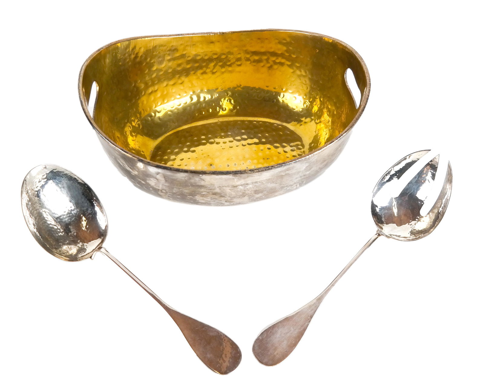 Hammered Brass Bowl & Silver Plate Salad Set (1 of 8)