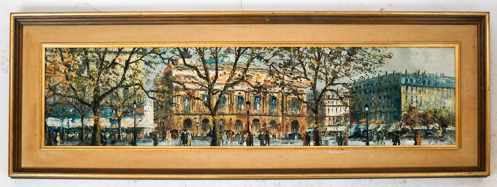 Painting of Paris Street Scene: Panoramic-style Paris street scene, oil on canvas. [Art: 12" H x 48" W]. In good condition.