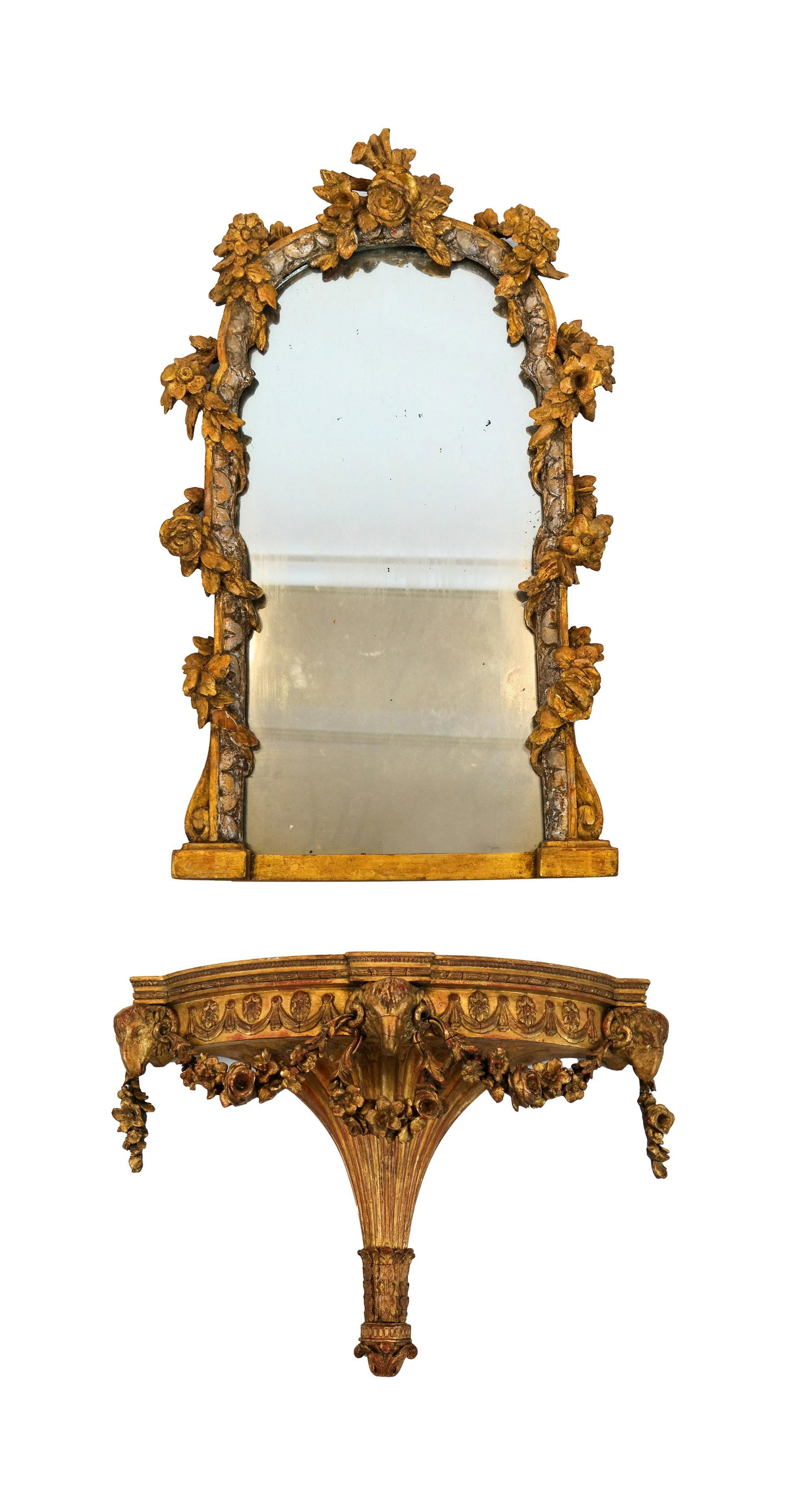Rococo-Style Wood & Gesso Mirror & Bracket: Rococo-style wood and gesso figural mirror and bracket. [Bracket: 17 1/4" H x 24" W x 5" D; Mirror: 28" H x 17 1/2" W]. Some repairs.
