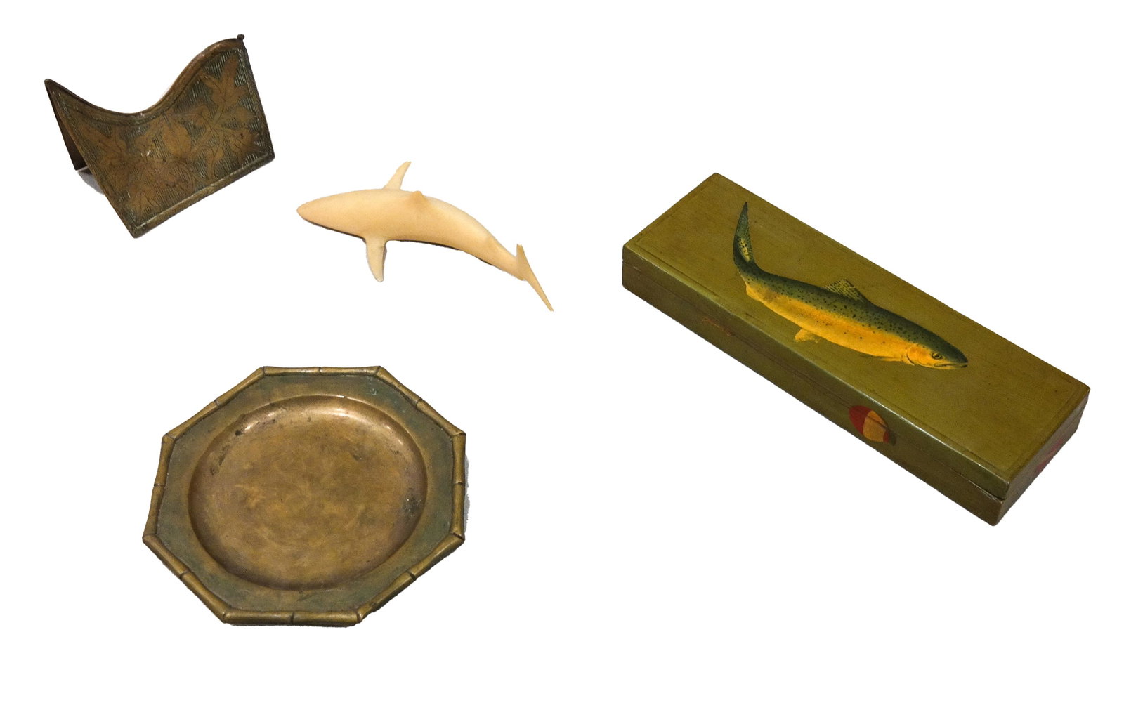 Group of 4 Brass & Fish-Themed Articles: Lot includes a Mottahedeh Indian brass plate and an S. Perry carved whale. [Box: 10 3/4" H x 3 1/2" D x 1 1/2" D].
