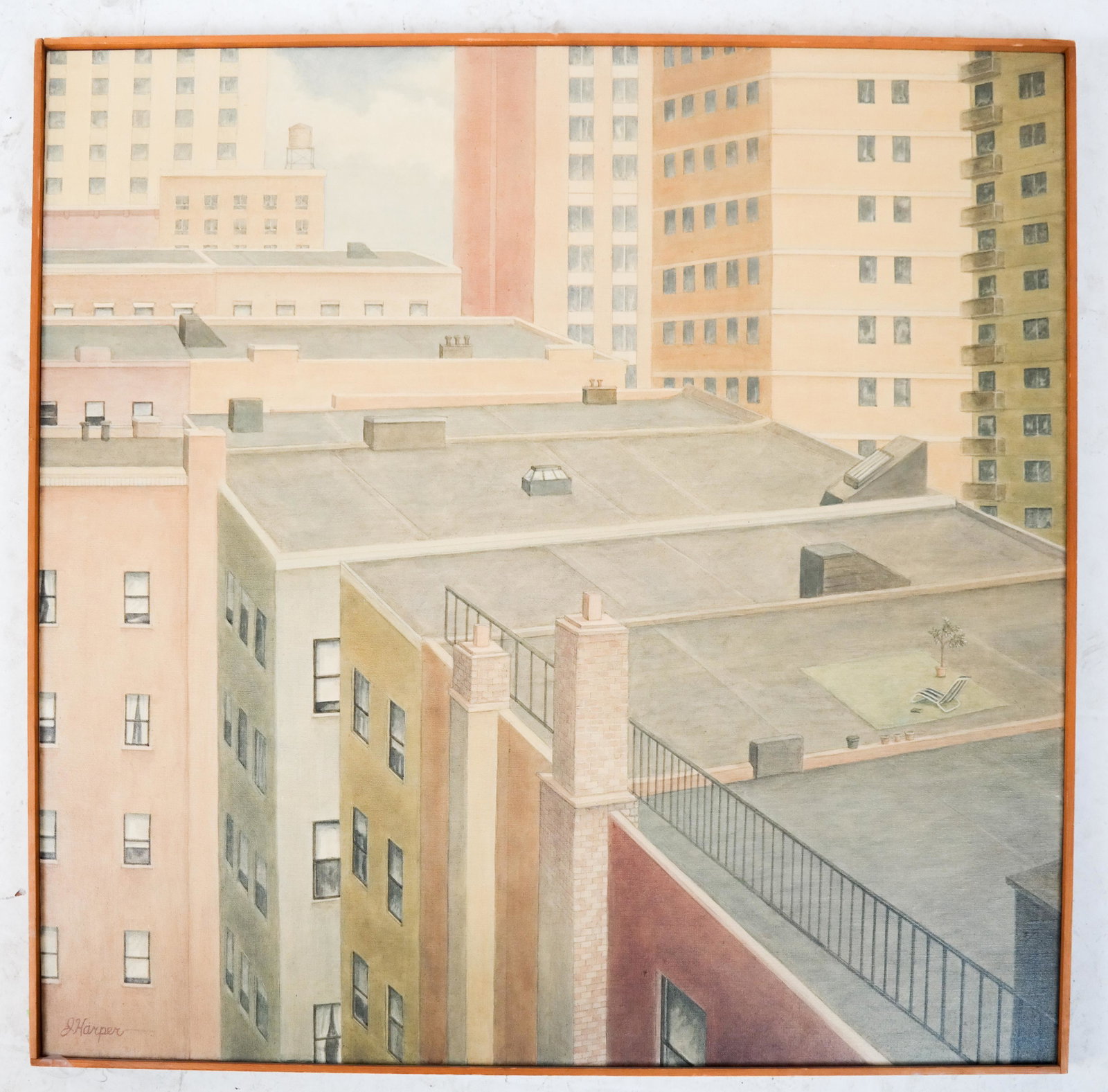 J. HARPER: Urban Rooftops - O/C Painting: Modernist oil on canvas painting of urban rooftops, signed lower left "J. Harper". [Art: 30 x 30 inches[; Frame: 30 1/2 x 30 1/2 inches].