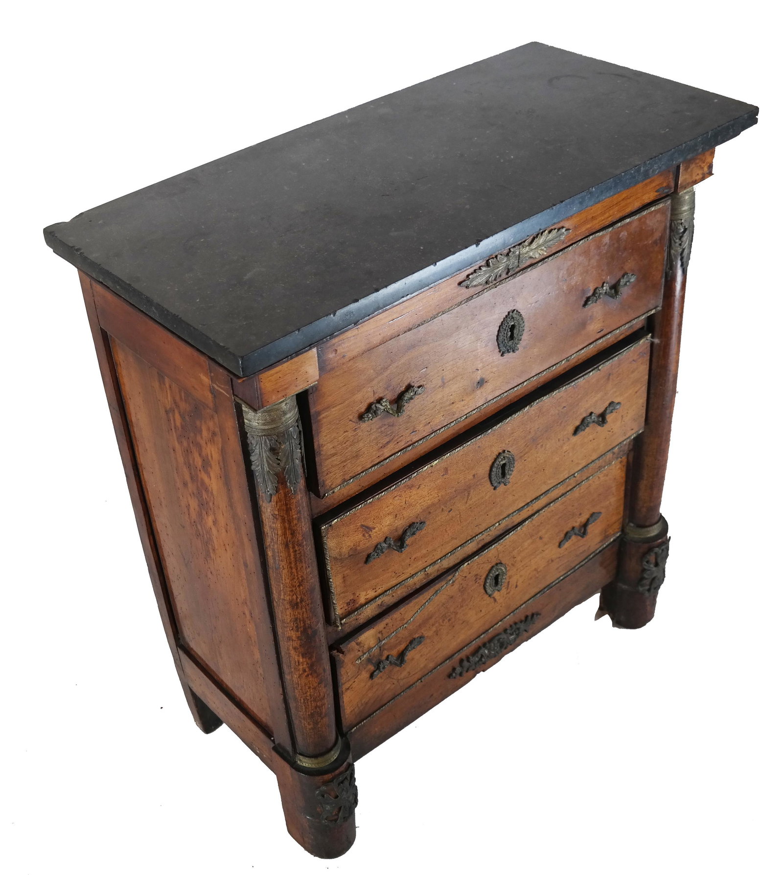 Marble Top Empire Commode: Empire commode with black marble top. [Commode: 31" H x 28 1/2" W x 13 3/4" D; Marble top: 1" H x 29 1/2" W x 14" D]. Splits; wear; losses.