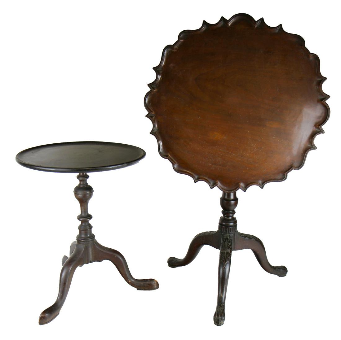 Two English-Style Tea Tables: Two tables: 1) Tilt top table [21 1/2" H x 18" Diam. (top), 2) a round table [26 1/2" H x 23 1/2" Diam.].