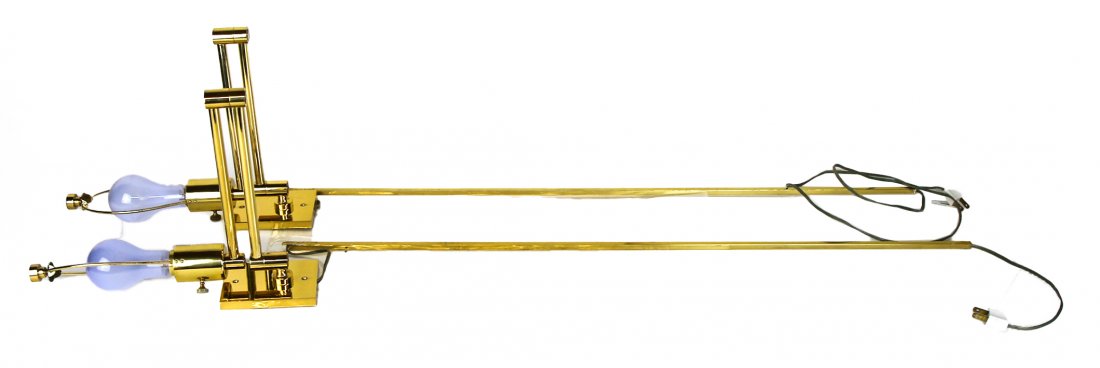 Pair Modern Pole Sconces by Hansen: Pair of modern pole sconces by Hansen Lamp. [Art: 25" H x 30" W; 33 1/2" H x 39" W].