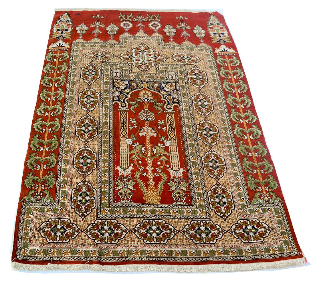 Unusual, Signed 20th C. Silk Prayer Rug (1 of 6)