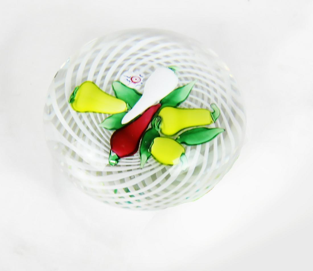Rare St. Louis Fruit & Veg Paperweight: Rare St. Louis fruit and vegetable bouquet paperweight, with "SL" signature and date, 1975, with chartreuse, white and ruby fruit nested on a bed of emerald green leaves, the arrangement set in a whit