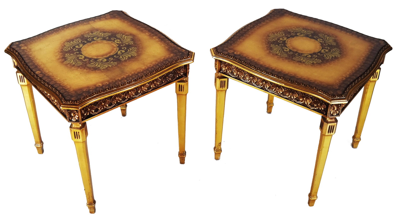 Pair Modern Decorated Glass Inset Tables: Pair of tables with painted glass tops, relief work all around the border. circa 1960. [20 1/2" H x 23" W x 23" D]. In good condition.