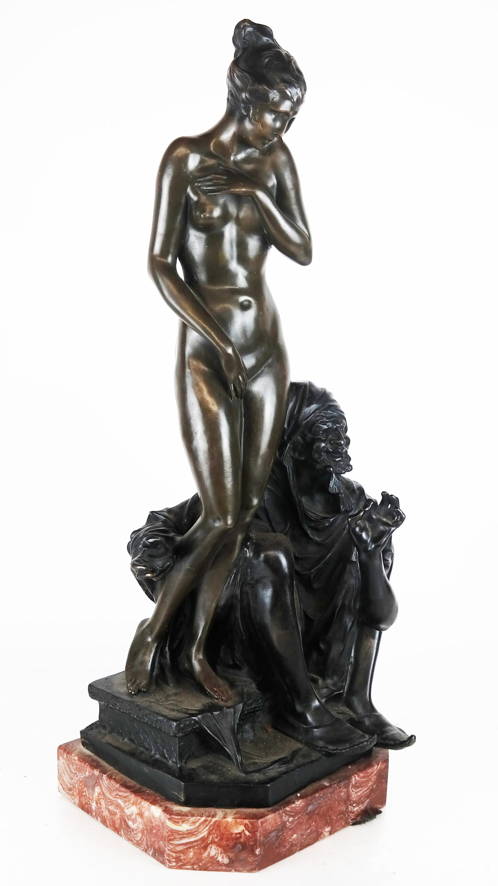 B. ZACH: Slave Trader & Woman - Bronze: Bronze statue of a slave trader and a nude woman, signed on the base "Bruno Zach", late 20th century. [27 1/2" H x 10" W x 10" D].