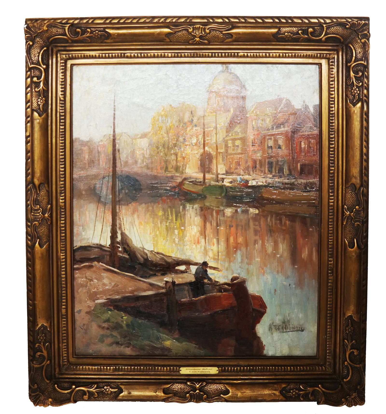T. VON HIENEMAN: Canal Scene - Painting: Oil painting on canvas titled "Schoonhoven, Hollnd", signed lower right, depicting a view of De Lek Canal, Holland. Bearing labels verso for Canadian framer and gallery (see photos). [Art: 19 1/2" H x