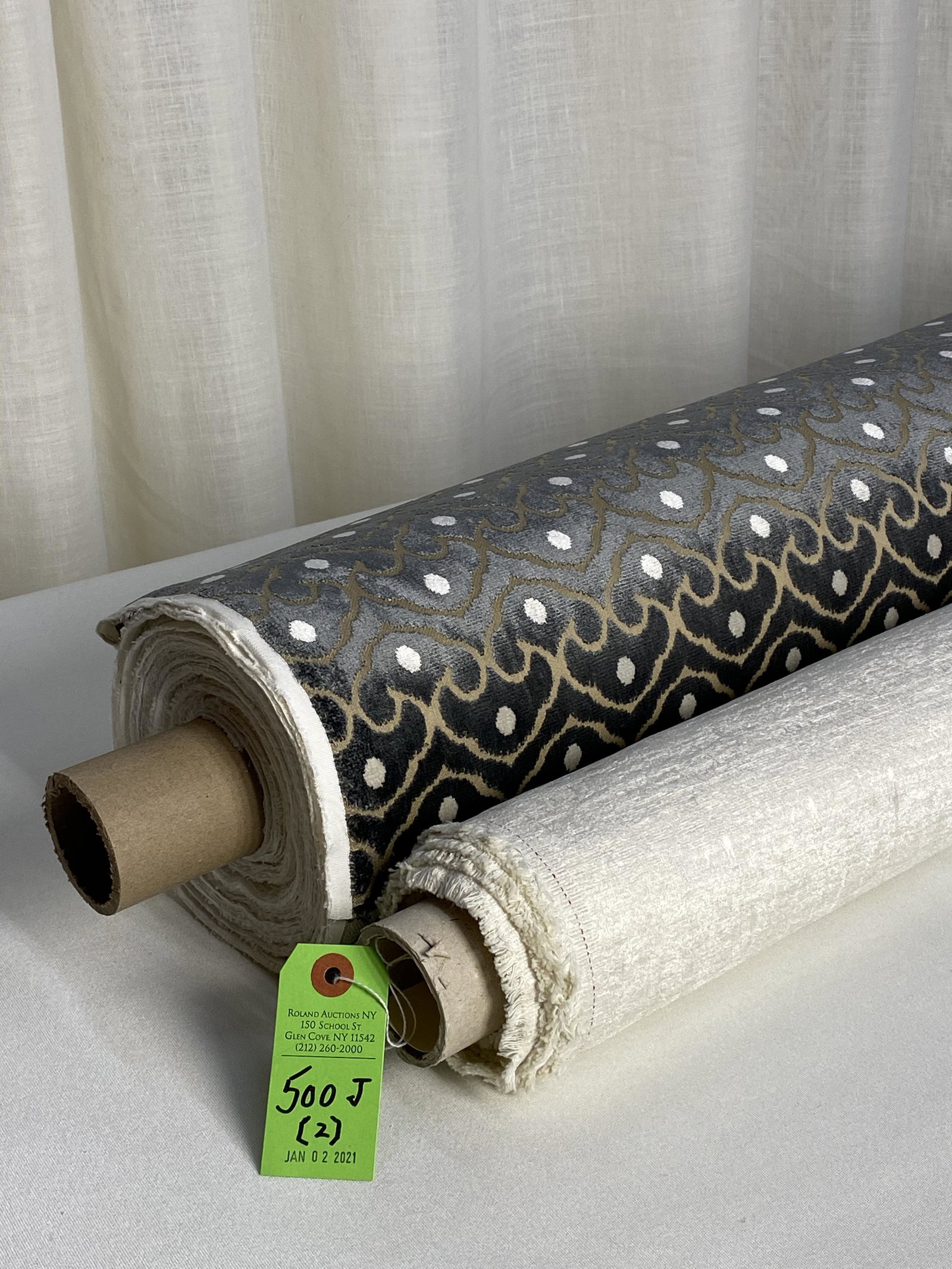 Casamance and FRET Fabrics: 1) 6 yards of elegant Casamance's "Mecenat" in color "Neige", #35127339, an off-white modern abstract upholstery chenille, 56" wide. The design repeat is 13" vertical by 7" horizontal, but hard to see