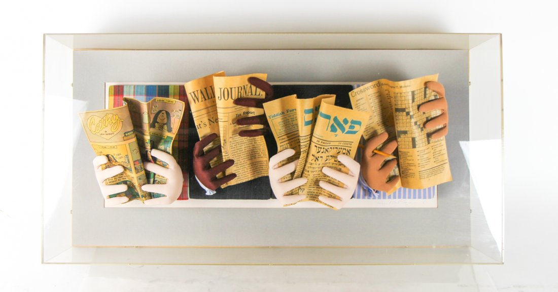 Bill LEONARDI: Diorama: Mixed media diorama in an acrylic case, titled "The Commuters", circa 1985. [5" H x 25" W x 12 1/2" D]. In good condition.