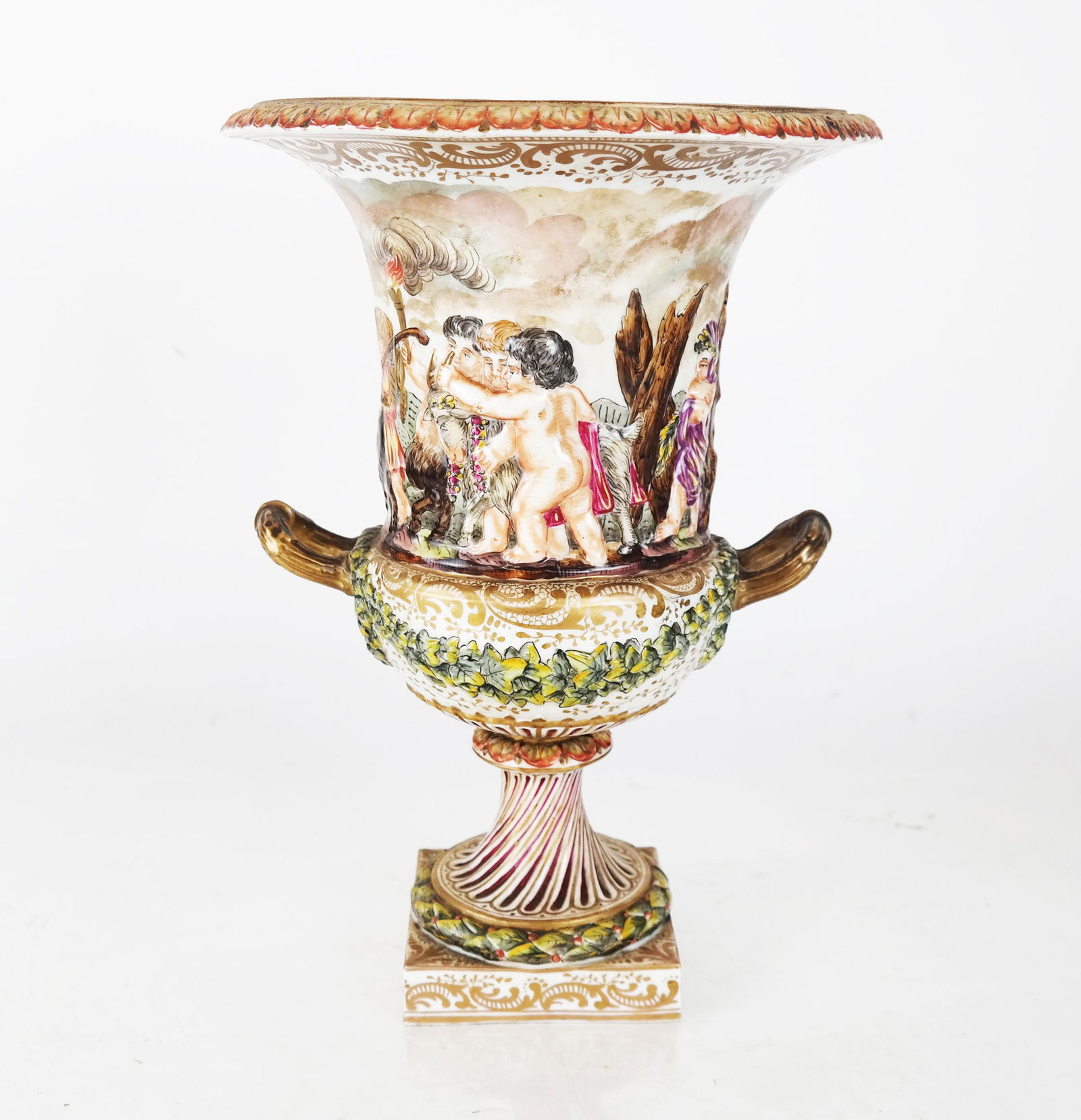 Capodimonte Decorated Vase, Repaired: Capodimonte decorated vase. [13 1/2" H x 9 1/2" Diam.]. Repaired.