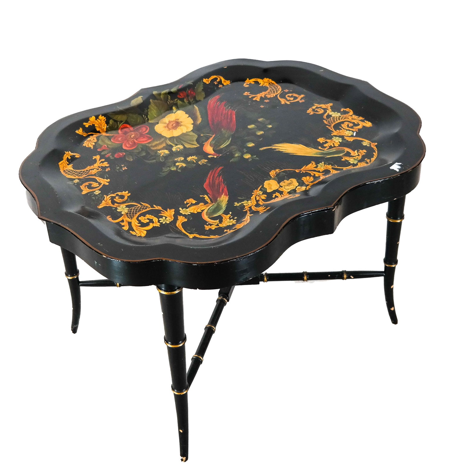 Victorian Tole Painted Tray on Later Wood Stand: Victorian painted tole / metal tray on a later faux bamboo wood stand, tray painted with flowers and peacocks. [19" H x 29 1/2" W x 22 1/2" D]. Scratches and abrasions throughout; wood chipped..