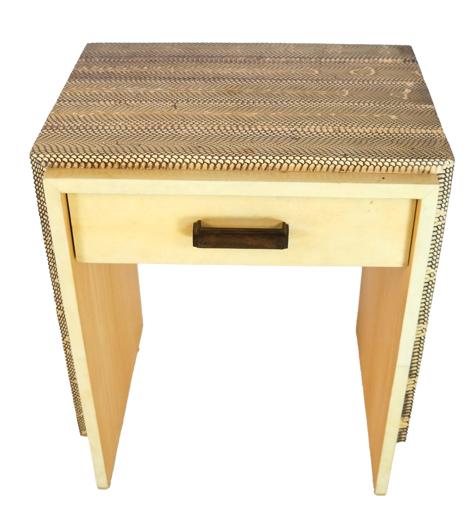 Rita & Youri Augousti End Table: Rita and Youri Augousti faux snakeskin and blondwood single-drawer end table, circa 1980. Stamped "R & Y AUGOUSTI PARIS". Provenance: Malmaison - Roger Prigent Enterprises. [23 1/2 x 19 34/ x 16 inche