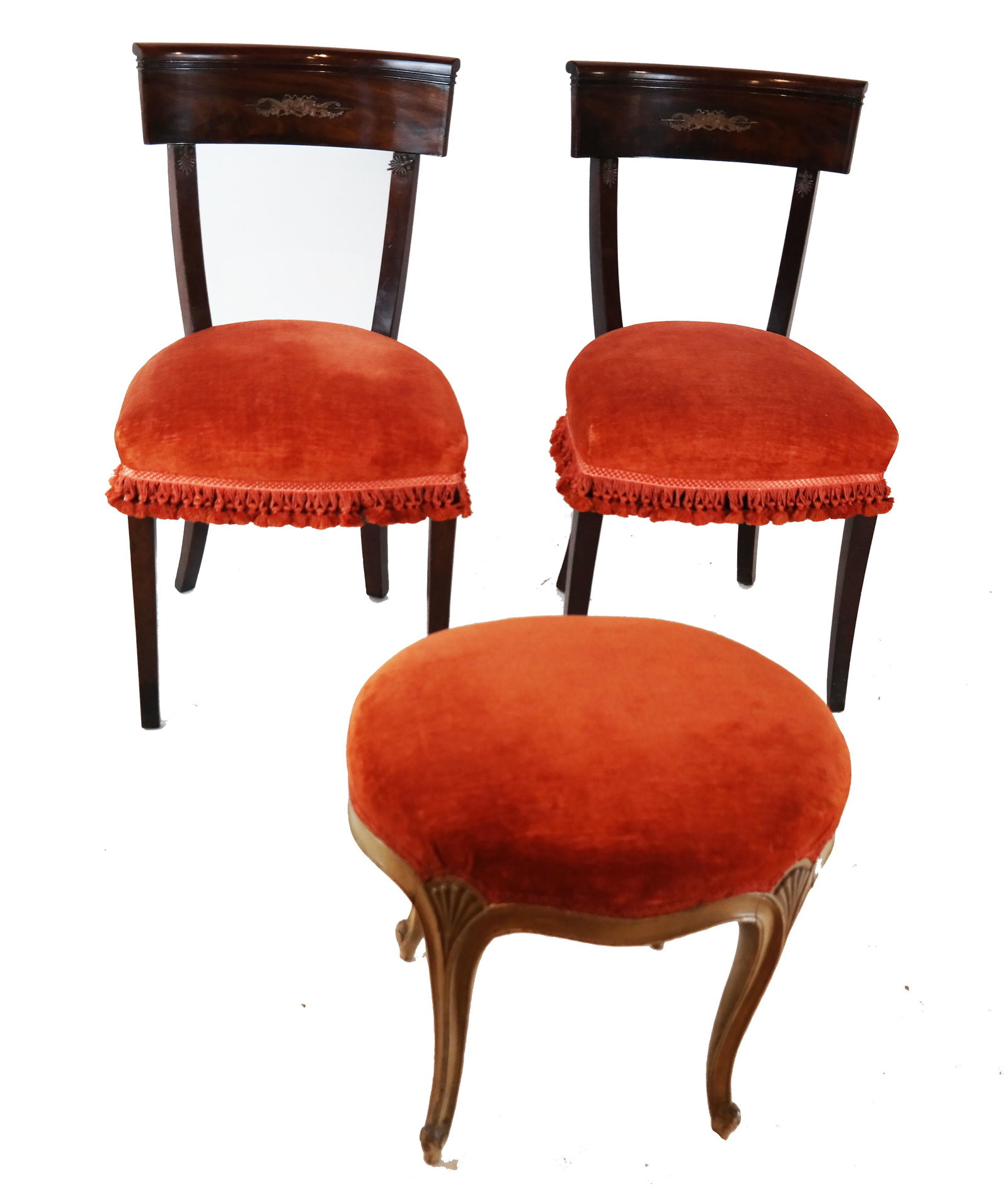 Pair of Biedermeier-Style Chairs & A Bench: Pair of Biedermeier-style chairs, circa 1840, together with an oval bench / footstool; all pieces upholstered in the same salmon-colored velour. [Chair: 34{ H x 18 1/2" W x 15 1/2" D; Bench: 19" H x 1