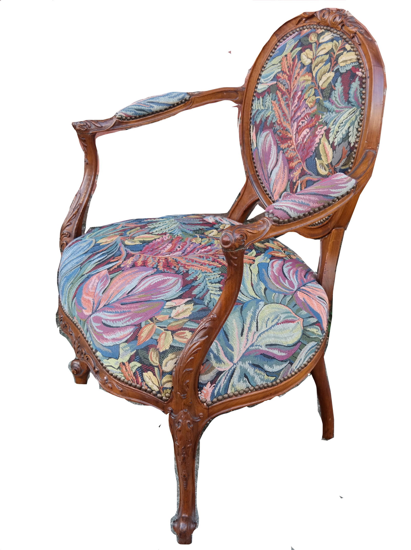 Louis XV-Style Arm Chair: Louis XV-stle arm chair wit floral tapestry upholstery. [37" H x 26" W x 20" D; 16 1/2" to seat].