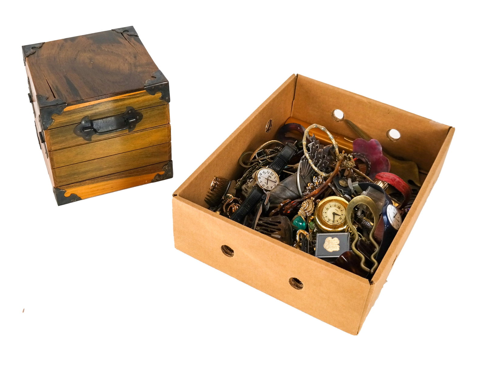 Bag of Costume Jewelry and Jewelry Box: Bag of costume jewelry and a metal-mounted wooden jewelry box. [Box: 6 1/4" H x 6 1/2" W x 6 1/2" D].