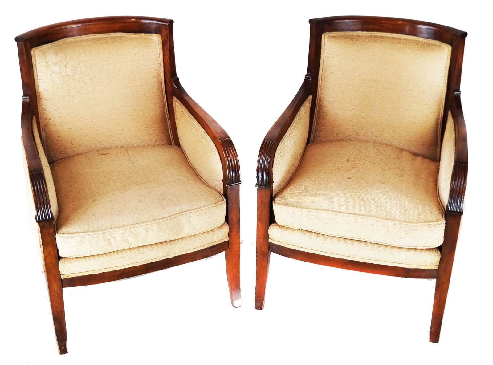 Pair of Empire Bergerers: Pair of Empire bergeres with gold upholstery. [35 1/2" H x 24 1/2" W x 22" D; 16" to seat]. Worn uphgolstery.