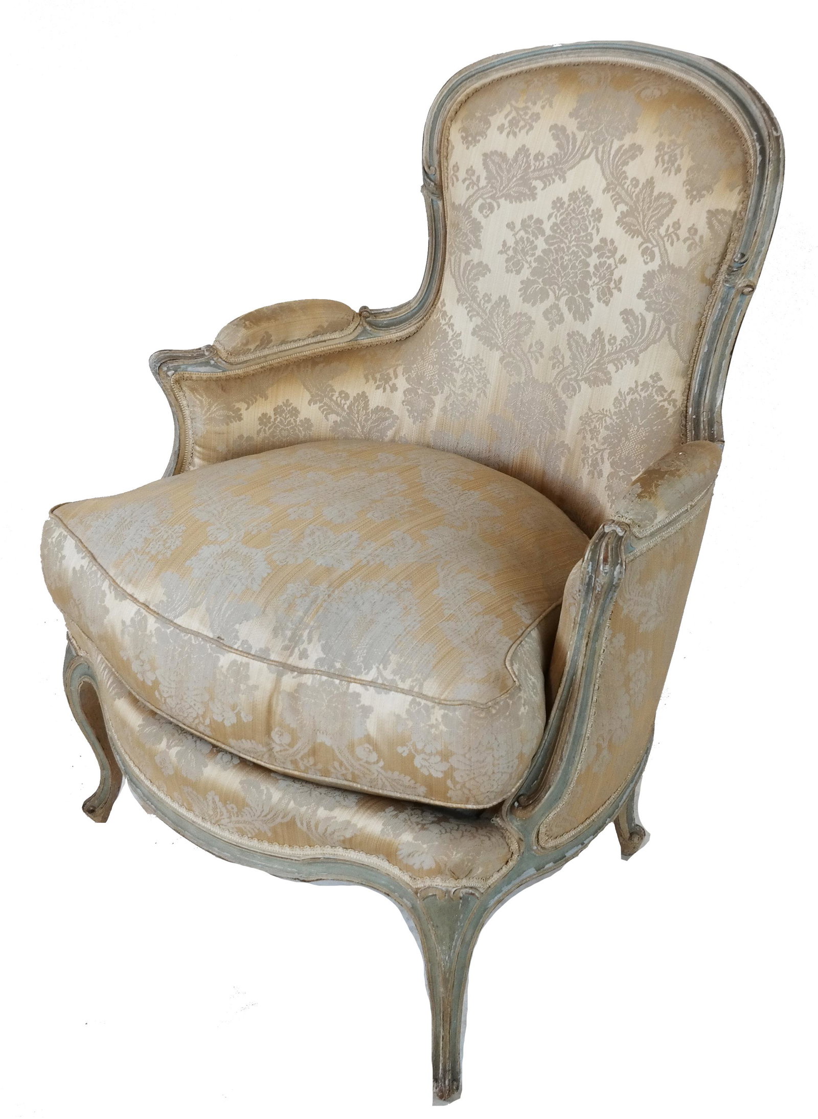 Louis XV-Style Jansen-Manner Bergere: Louis XV-style cream and gray painted bergere, in the manenr of Jansen, 20th century, upholstered in floral damask fabric. Provenance: Malmaison - Roger Prigent Enterprises. [36" H x 27" W x 24" D; 18