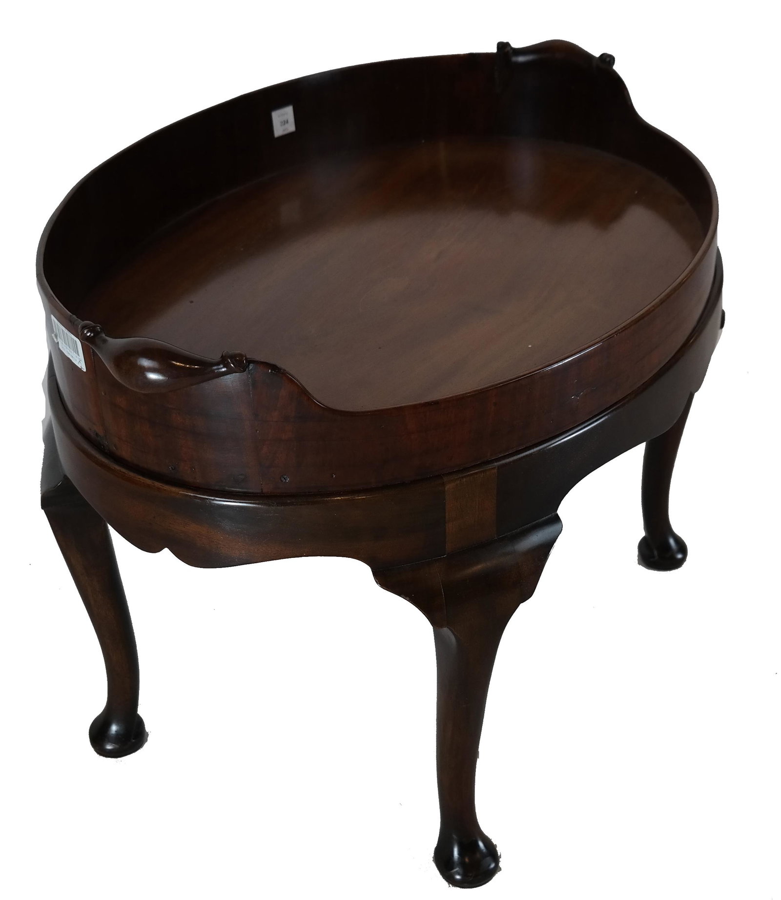 Antique English Queen Anne Tray Top Table: Antique oval mahogany two-part tray top table. [Tray: 5" H x 29 1/2" W x 20" D; Base: 16 1/2" H x 29 1/2" W x 20" D].